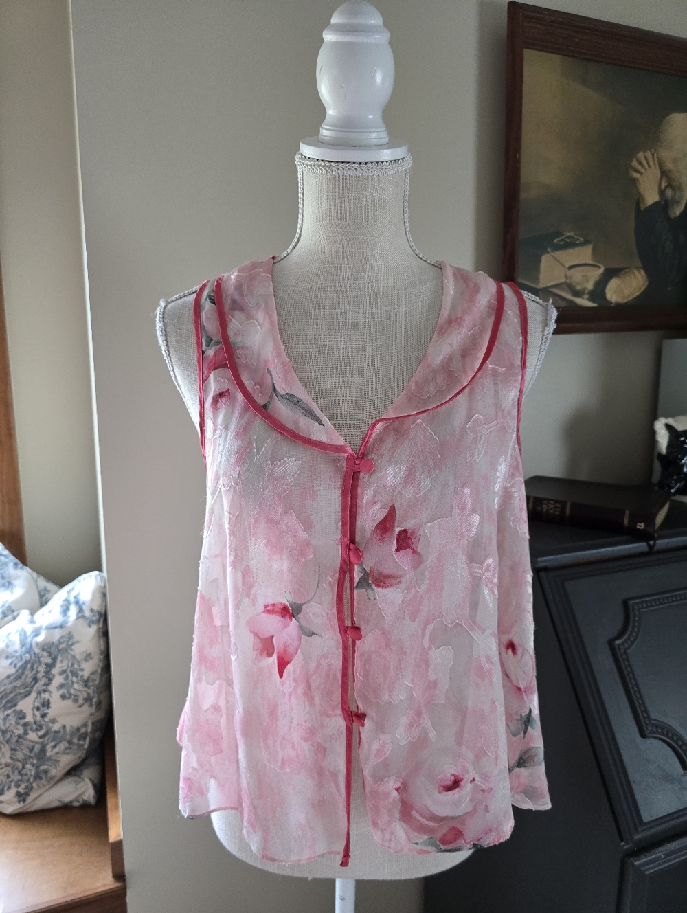 Vintage Expressions Womens Collared  Pink Floral Feminine Semi Sheer Top S/M